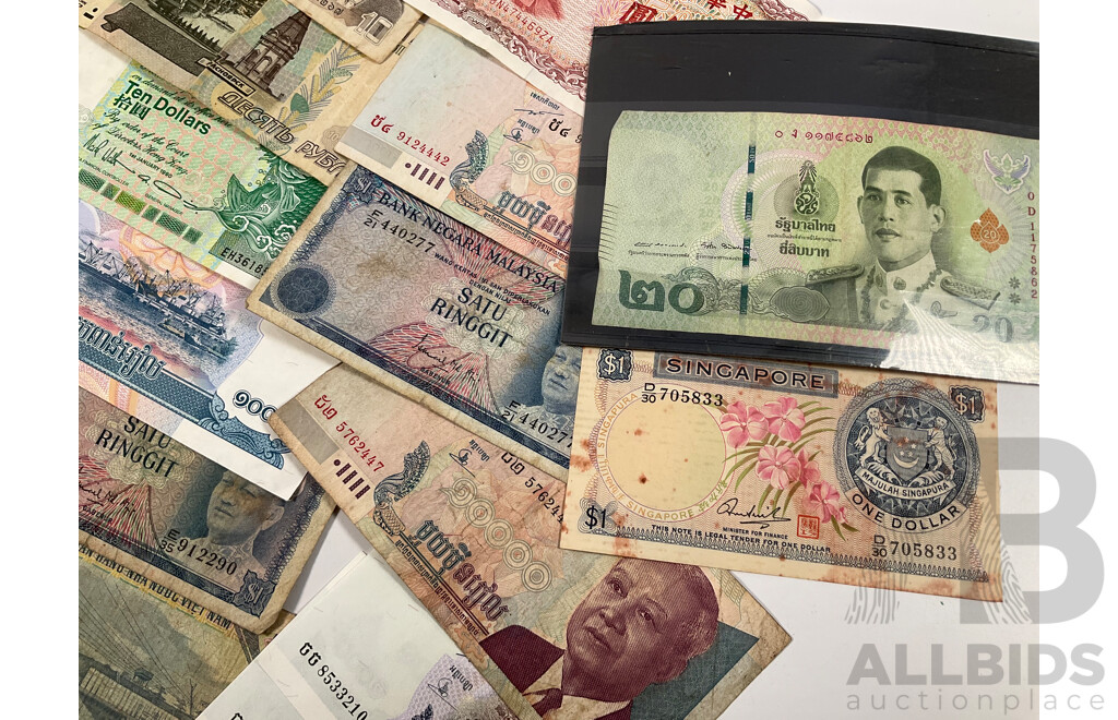 Collection of Vintage International Banknotes Including Two Cambodia Consecutive One Thousand Riel, Taiwan, Singapore, Hong Kong, Vietnam, Malaysia