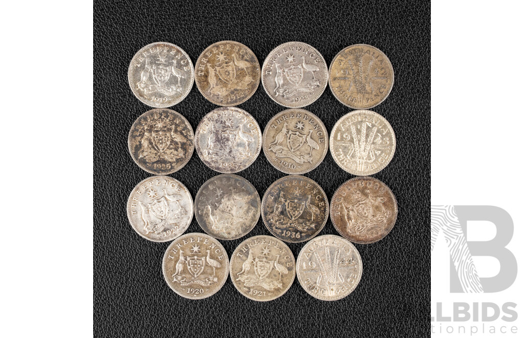 Fifteen Australian Silver Threepence Including 1910, 1912, 1919, 1920, 1921(2) 1922, 1925, 1927, 1928, 1935, 1936, 1942S, 1943D, 1944S .925