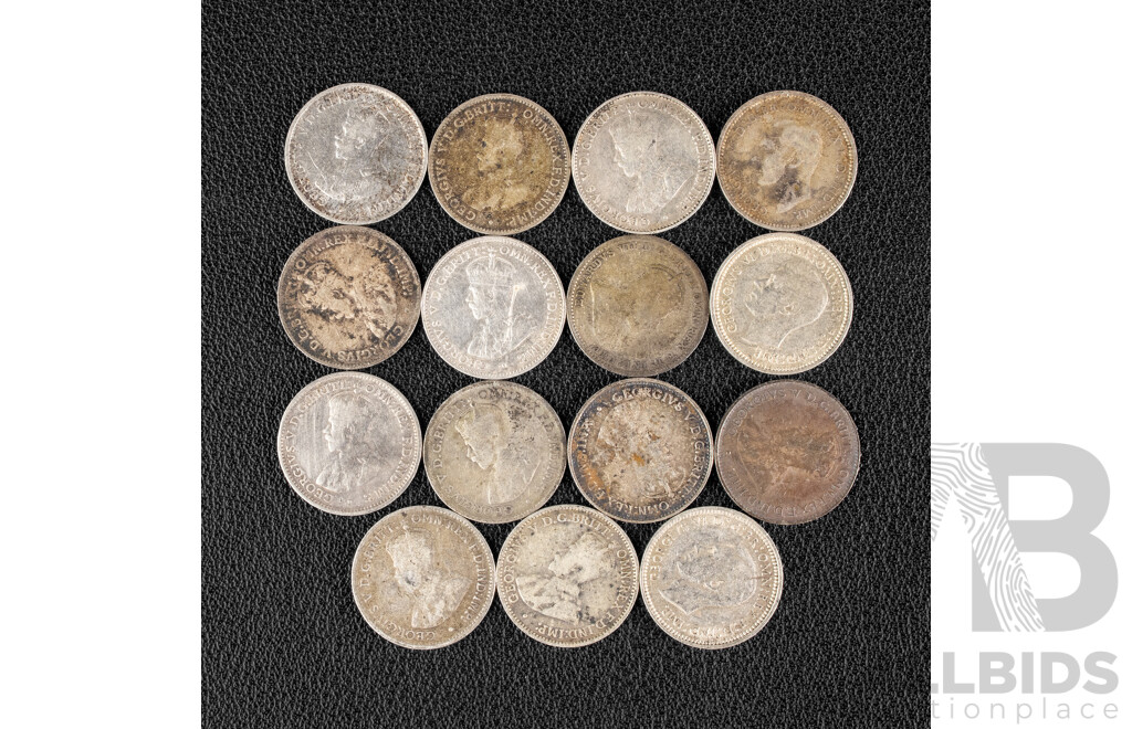Fifteen Australian Silver Threepence Including 1910, 1912, 1919, 1920, 1921(2) 1922, 1925, 1927, 1928, 1935, 1936, 1942S, 1943D, 1944S .925