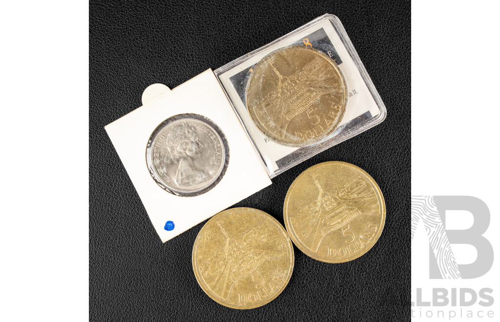 Three Australian 1988 Five Dollar Coins, Bicentennial, 1981canadian Mint Twenty Cent Coin, Three and Half Claw Variety,