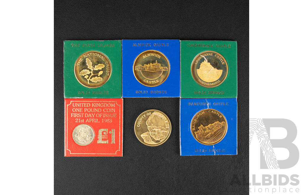 United Kingdom 1983 UNC One Pound Coin, First Year Issue, Solid Bronze Medallions Including Bamburgh Castle, Alnwick Castle, Lindisfarne Castle, Farne Islands, County of Merseyside