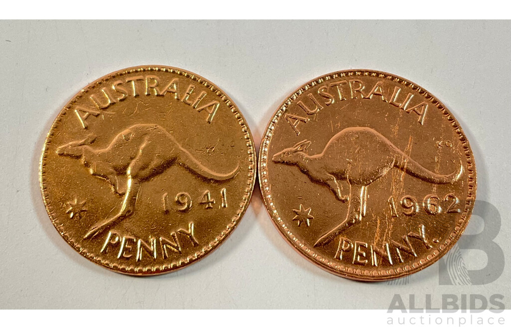 Australian 1941 KGVI and 1962 QE2 Pennies, High Grade