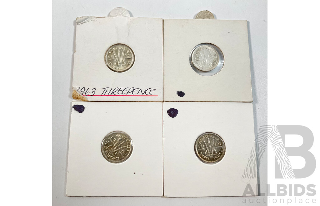 Four Australian QE2 Silver Threepence Including 1960, 1961, 1963, 1964, All High Grade .500