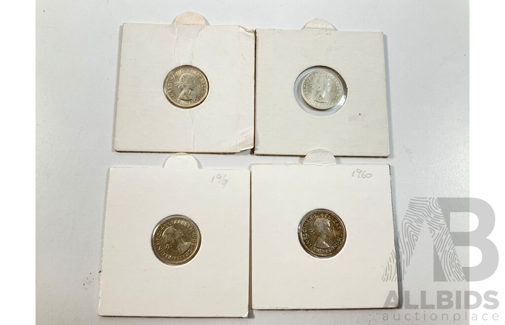 Four Australian QE2 Silver Threepence Including 1960, 1961, 1963, 1964, All High Grade .500
