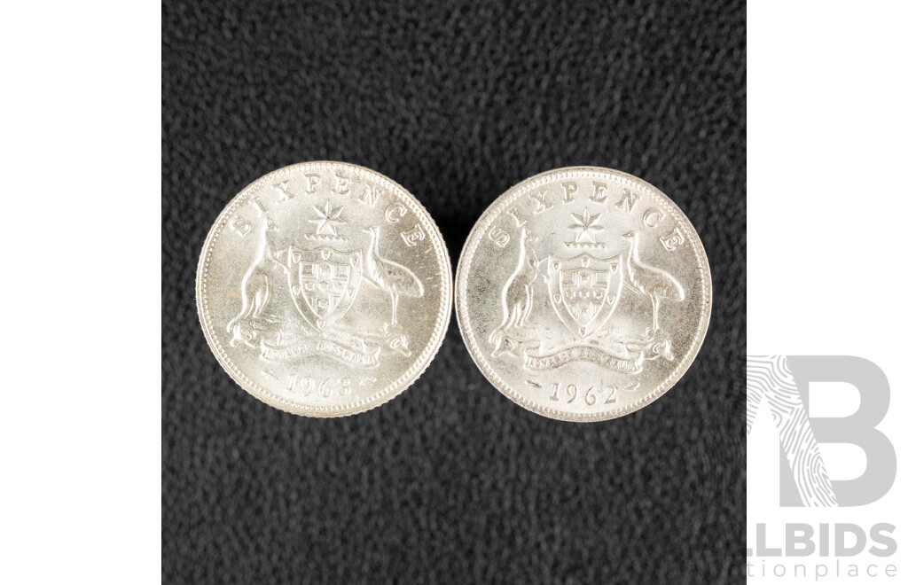 Australian UNC 1962 and 1963 Silver Sixpence .500