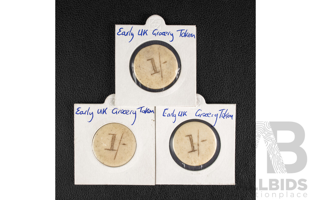 Three Vintage Great Britain One Shilling Grocery Tokens