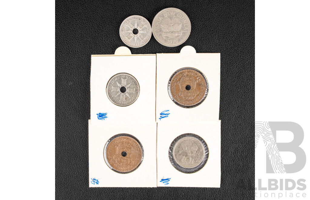 Collection of Papua New Guinea Coins Including 1935 and 1936 Silver Shillings, Two 1936 Pennies, 1975 Twenty Toea Coin, 1976 Ten Toea Coin