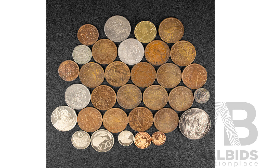 Collection of New Zealand Coins Including 1970 One Dollar, Mount Cook, 1936 Silver Threepence, 1964 Sixpence, 1965 Shilling, Nine Pennies Spanning 1942 to 1964, 1964 and 1965 Half Pennies, 1981 UNC Coin Sets