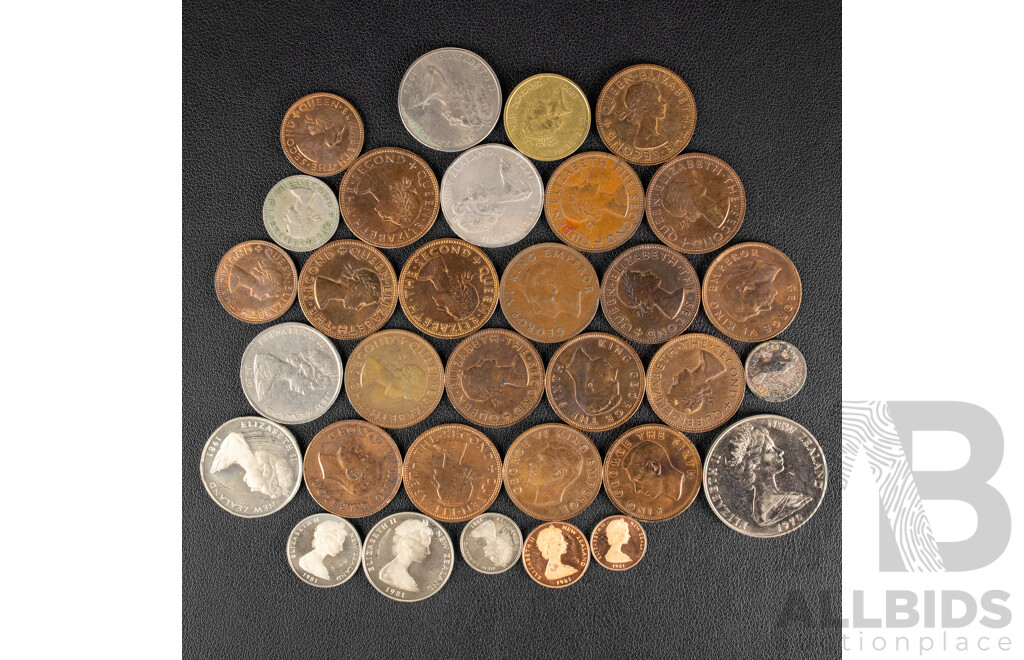 Collection of New Zealand Coins Including 1970 One Dollar, Mount Cook, 1936 Silver Threepence, 1964 Sixpence, 1965 Shilling, Nine Pennies Spanning 1942 to 1964, 1964 and 1965 Half Pennies, 1981 UNC Coin Sets
