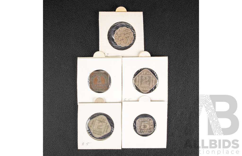 India KGV 1918, 1925 Two Annas, 1914 One Anna, Straits Settlements One Cent, Ceylon KEVII 1909 Five Cents
