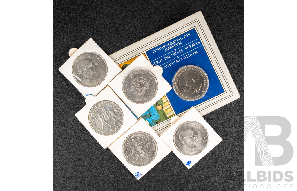 Six Great Britain UNC Crowns Including Two 1965 Churchill, 1972 Elizabeth and Philip, 1977 QE2 Jubilee, 1980 Queen Mother Birthday, 1981 Charles and Diana