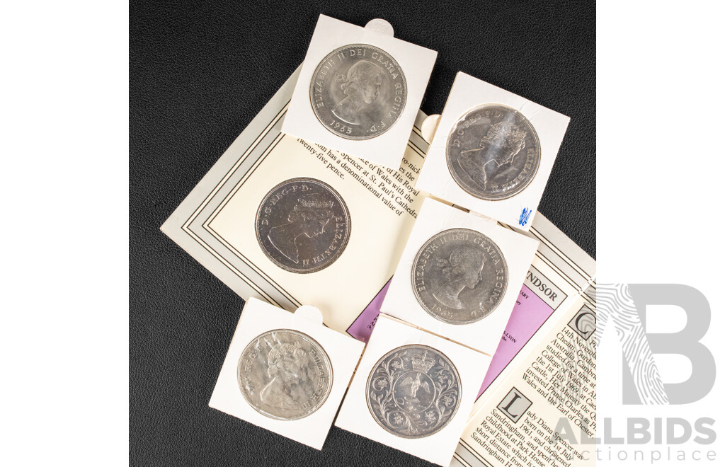 Six Great Britain UNC Crowns Including Two 1965 Churchill, 1972 Elizabeth and Philip, 1977 QE2 Jubilee, 1980 Queen Mother Birthday, 1981 Charles and Diana
