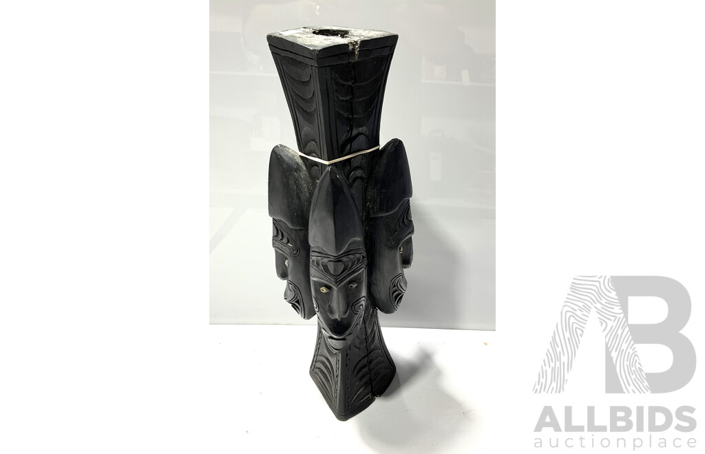 Hand Carved PNG Wooden Four Headed Statue with Cowrie Shell Eye Detail