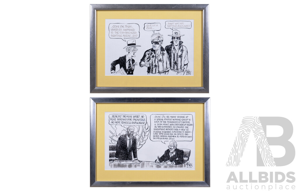 Two Framed Original Cartoons by Geoff Pryor, Watercolour, 1996-97 (2)