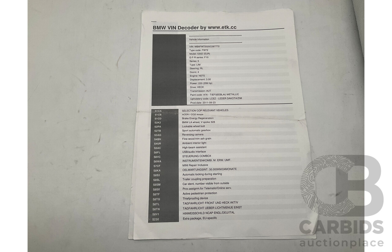 1/2011 BMW 535d F10 MY11 4d Sedan Metallic Blue Twin Turbo Diesel 3.0L