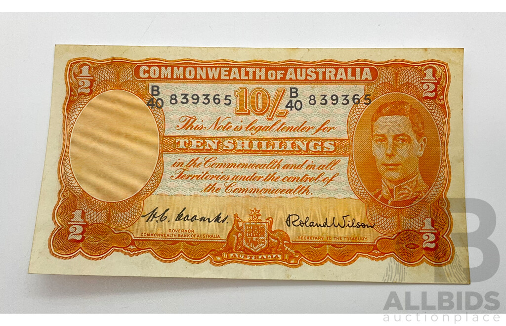 1952 10/- R15 note. B40 839365 Coombs Wilson VF