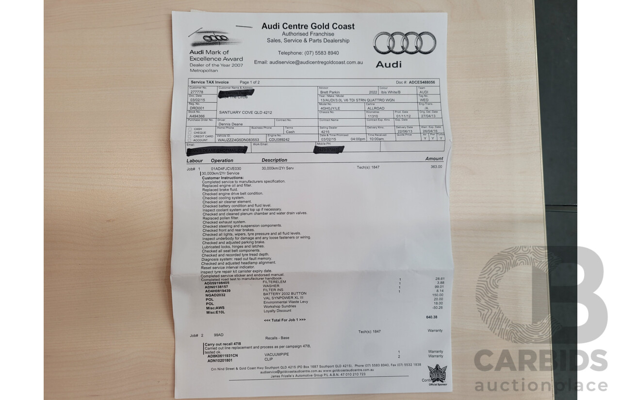 4/2013 Audi A6 Allroad Quattro (AWD) LE 4GH 4d Wagon Ibis White Turbo Diesel V6 3.0L