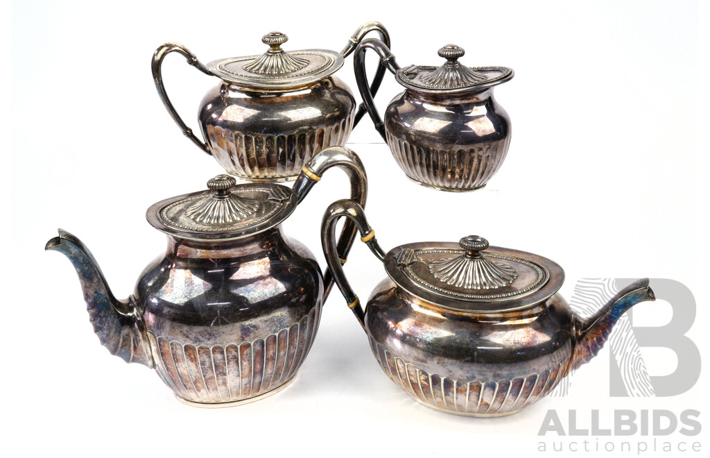 Antique Silver Plate Four Piece German WMF Tea Set, Marks to Base