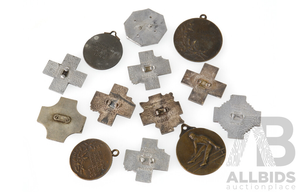 Collection of Switzerland Sports Pins and Pendants Including 1945 Pupils Conference Bellinzona (2), 1943, 1948, 1950 Lugano, 1940 Bodio Female Team (2) 1950 Locarno, 1950 Mendrisio, 1944 and 1946 Chiasso, 1951 Lausanne Cross