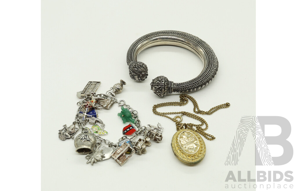 Charm Bracelet with Silver Charms, Tribal Hollow Bangle and Vintage Gold Tone Locket