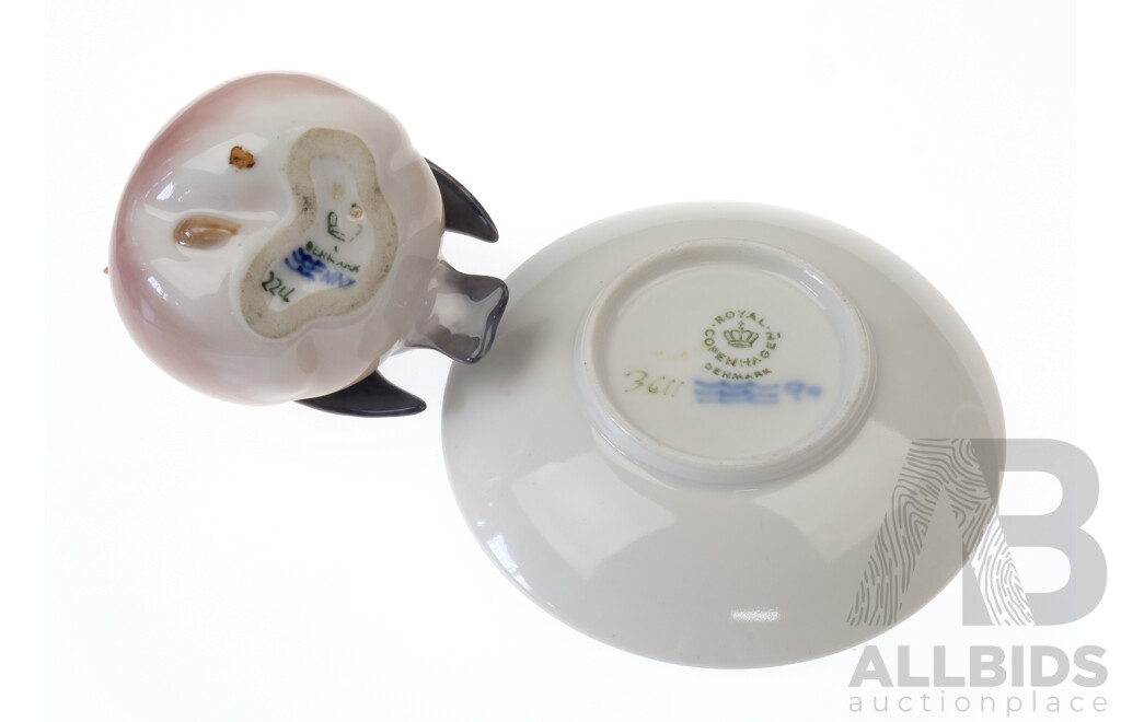 Two Royal Copenhagen Porcelain Pieces Comprising Bird Figure and Small Plate, Marks to Base
