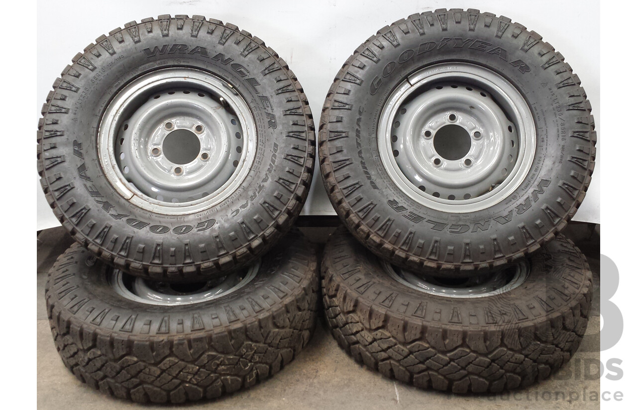 Toyota 79 Series Land Cruiser 16 Inch Five Stud Steel Split Rim Wheels with Goodyear Wrangler Tyres - Set of Four