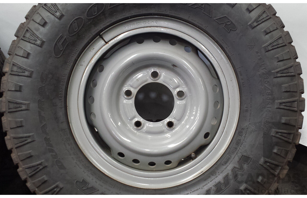 Toyota 79 Series Land Cruiser 16 Inch Five Stud Steel Split Rim Wheels with Goodyear Wrangler Tyres - Set of Four