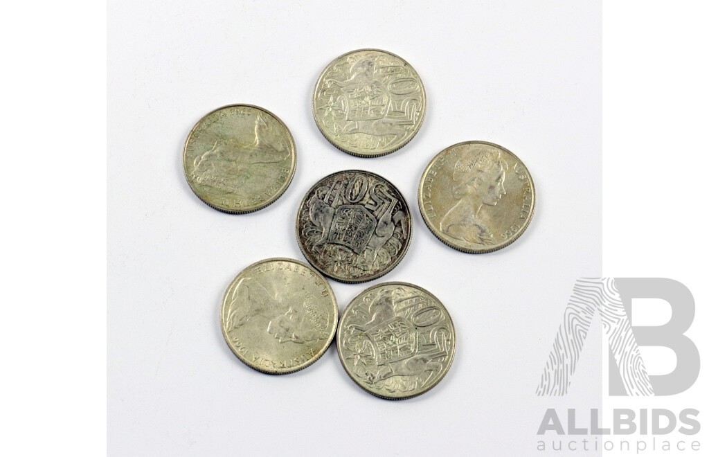 Australian 1966 Round Fifty Cent Coins(6) .800 Silver