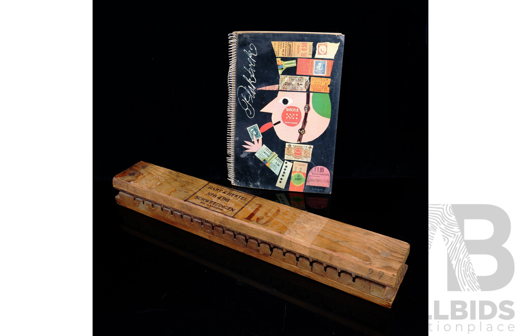 Antique Hart & Hertel Schweizingen Wooden Cigar Press Number 6496 with 10 Cigars Inside Along with Scrapbook Containing 13 Pages Cigar Labels