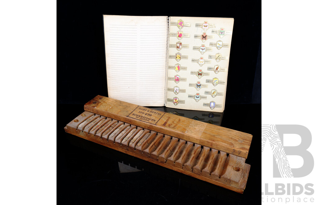 Antique Hart & Hertel Schweizingen Wooden Cigar Press Number 6496 with 10 Cigars Inside Along with Scrapbook Containing 13 Pages Cigar Labels