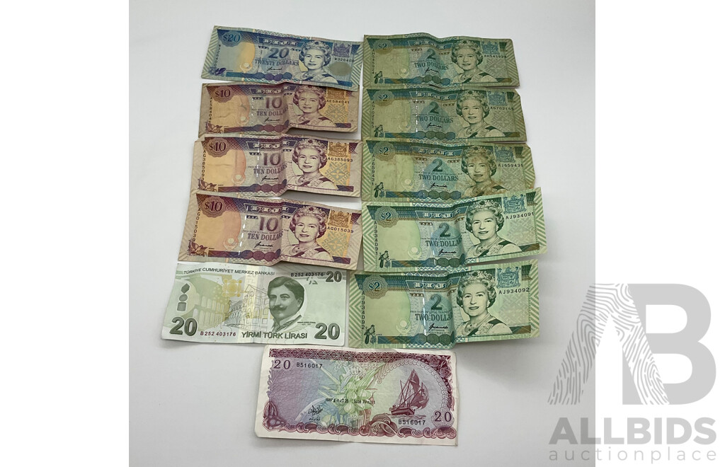 Collection of Nine Fiji Paper Notes with Maldives and Turkey Notes