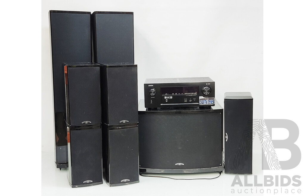 Accusound  (N11640) HD Subwoofer & Denon (AVR-X2400H) Integrated Network AV Reciever W/ Surround Sound Speakers
