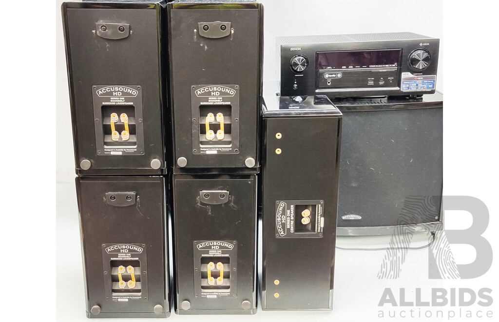 Accusound  (N11640) HD Subwoofer & Denon (AVR-X2400H) Integrated Network AV Reciever W/ Surround Sound Speakers