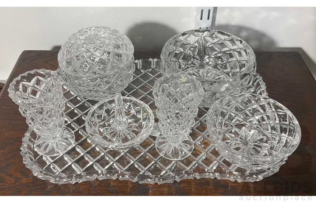 Collection Vintage Crystal Dressing Table Pieces Comprising Bohemia Tray with Label, Pair Bud Vases, RIng Dish, Three Bowls One with Lid