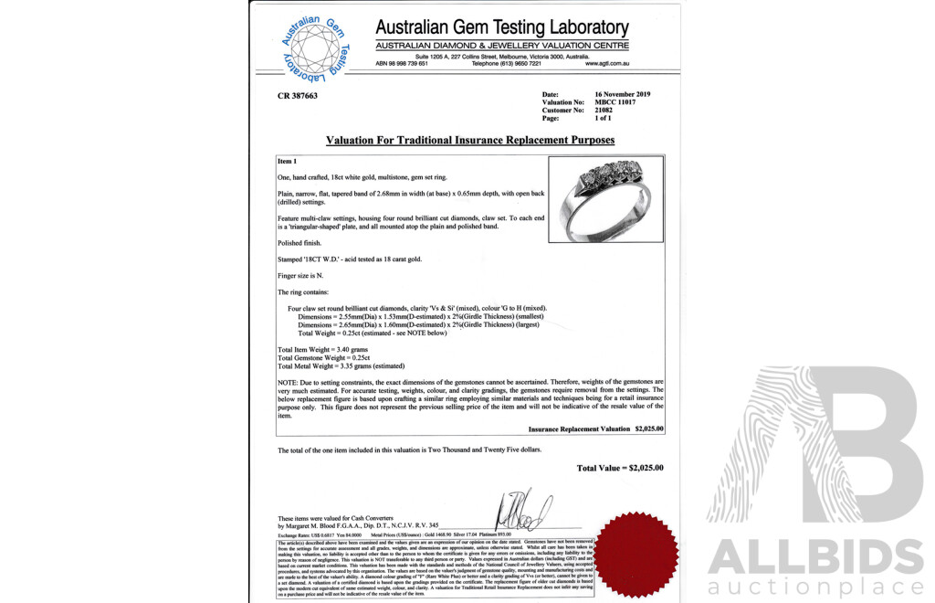 18ct White Gold 4 Diamond Ring