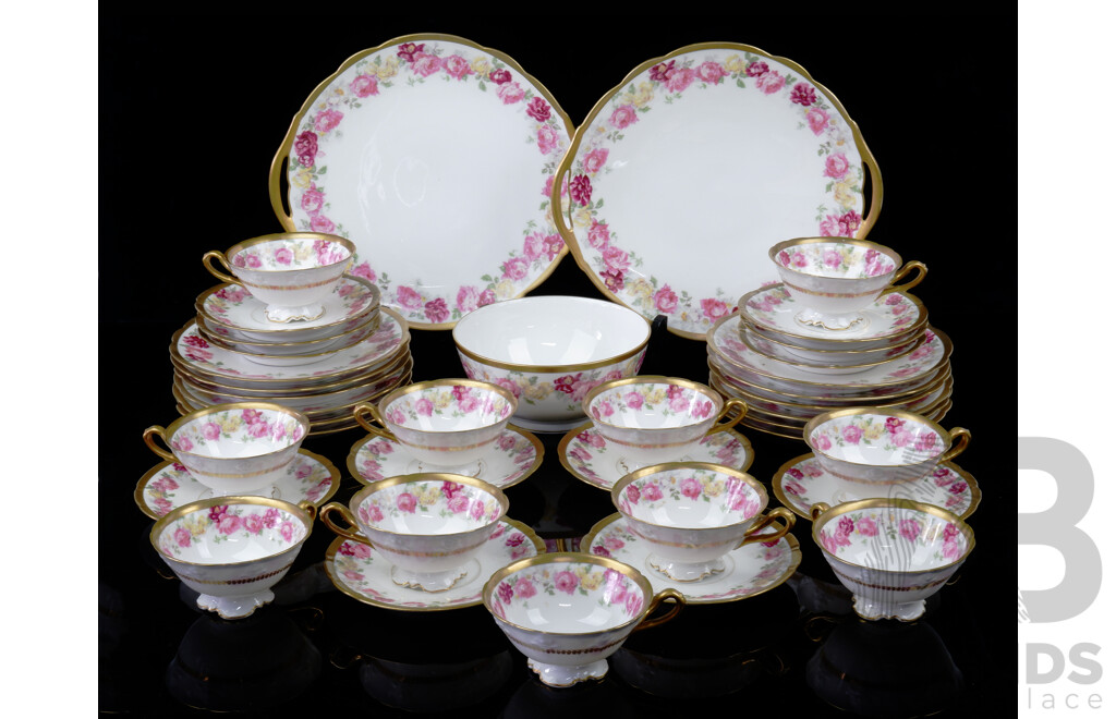 Vintage French D & Co Limoges Porcelain 38 Piece Tea Service with Hand Painted Flower Motif to Rim