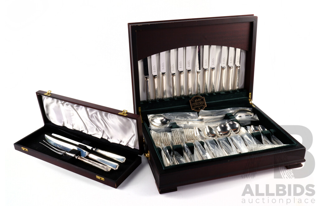 Vintage George Butler Heirloom Collection 59 Piece Flatwear Set in Canteen Along with George Butler Three Piece Carving Set in Case