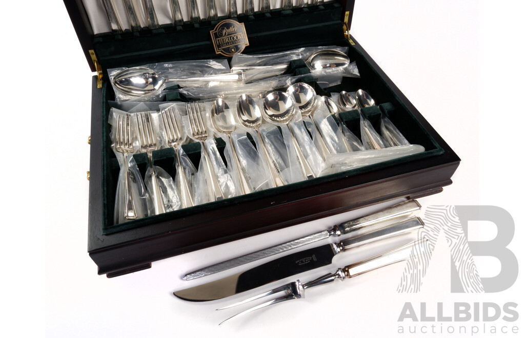 Vintage George Butler Heirloom Collection 59 Piece Flatwear Set in Canteen Along with George Butler Three Piece Carving Set in Case