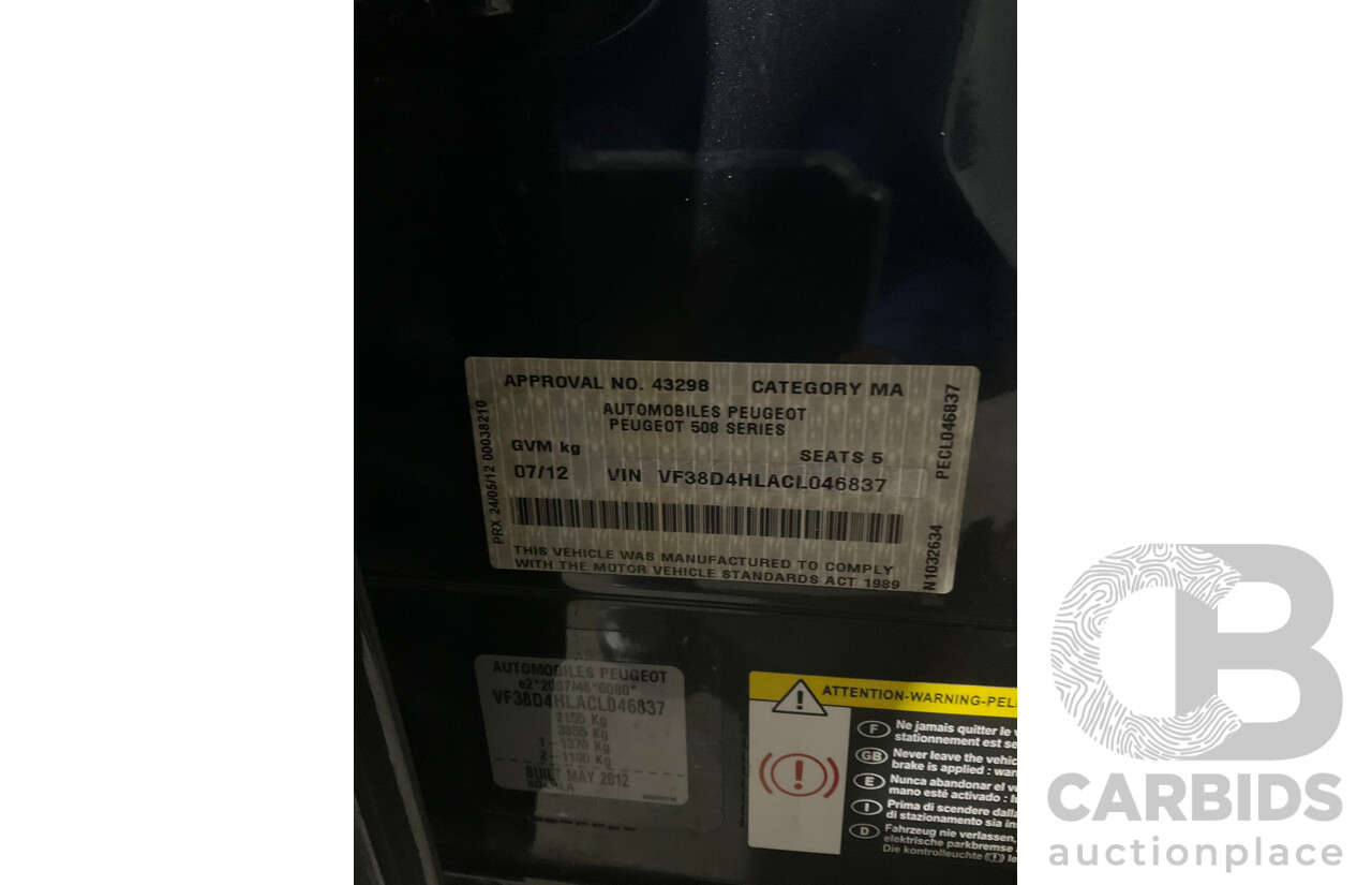 7/2012 Peugeot 508 GT Luxury HDi 4d Sedan Black Turbo Diesel 2.2L