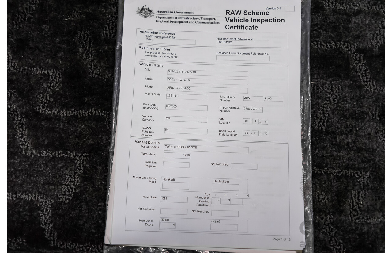 08/2000 Toyota Aristo JZS161 V300 Vertex Edition 4d Sedan Silver Twin Turbo 2JZ 3.0L - 11/2021 Import