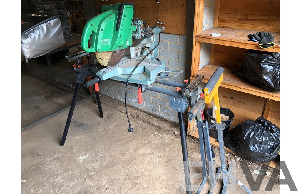 Hitachi C12FSA Drop Saw on a MSS-003 Ozito Mitre Saw Stand with Additional Roller Support Stands