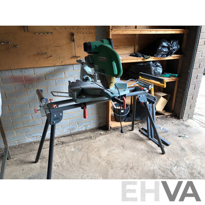 Hitachi C12FSA Drop Saw on a MSS-003 Ozito Mitre Saw Stand with Additional Roller Support Stands
