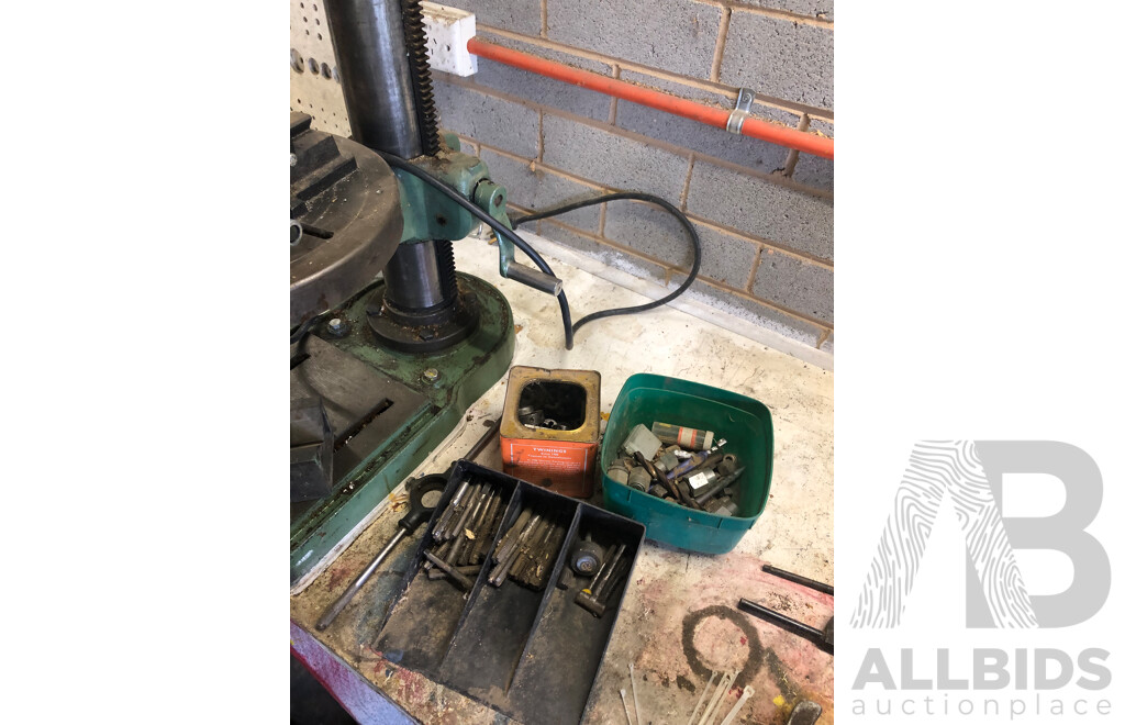 Vintage KRDG-340 Liong Sheng Drill Press Made in Taiwan with Assorted Drill Bits and Miscellaneous Parts