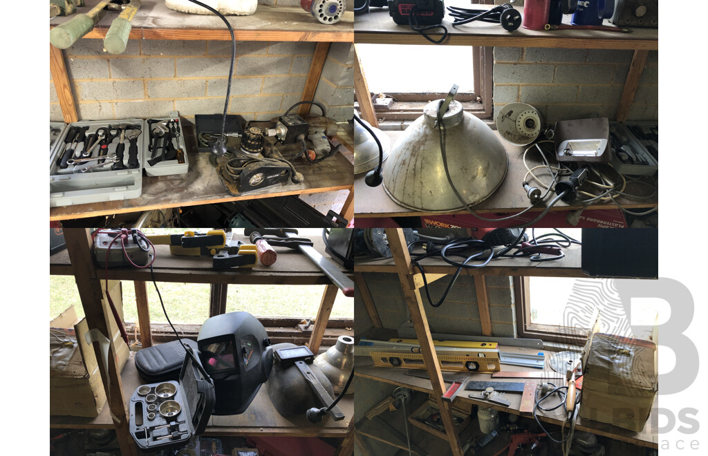 Assorted Contents on Middle Shelf Including, Levels, Hole Saw Bits, Welding Helmets, Industrial Lights and More