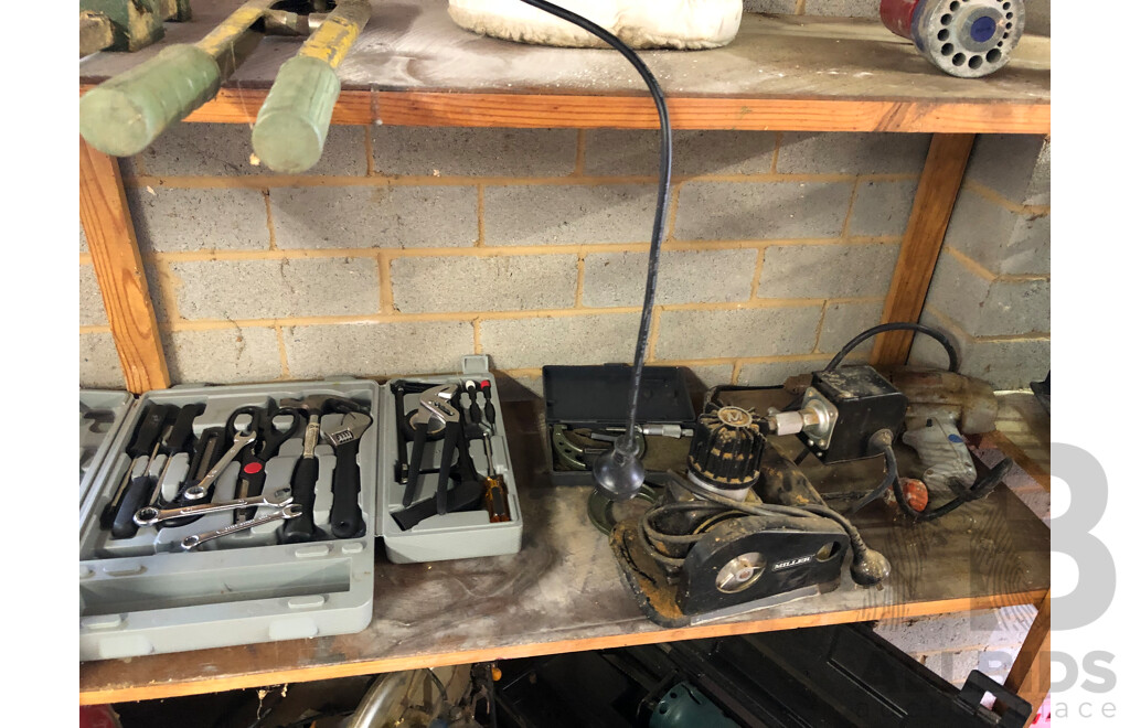 Assorted Contents on Middle Shelf Including, Levels, Hole Saw Bits, Welding Helmets, Industrial Lights and More