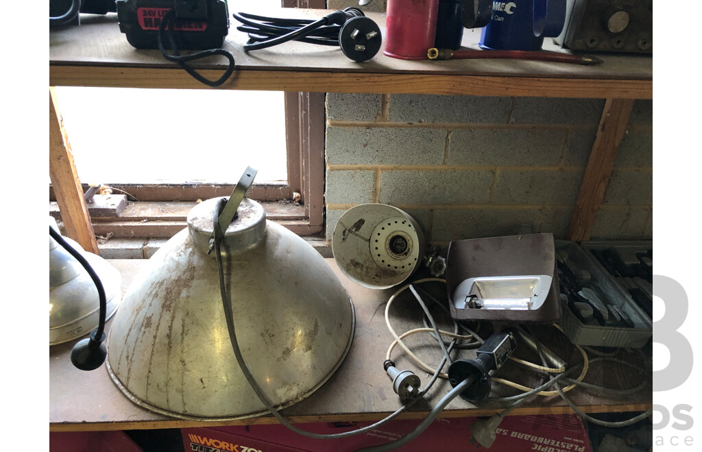 Assorted Contents on Middle Shelf Including, Levels, Hole Saw Bits, Welding Helmets, Industrial Lights and More