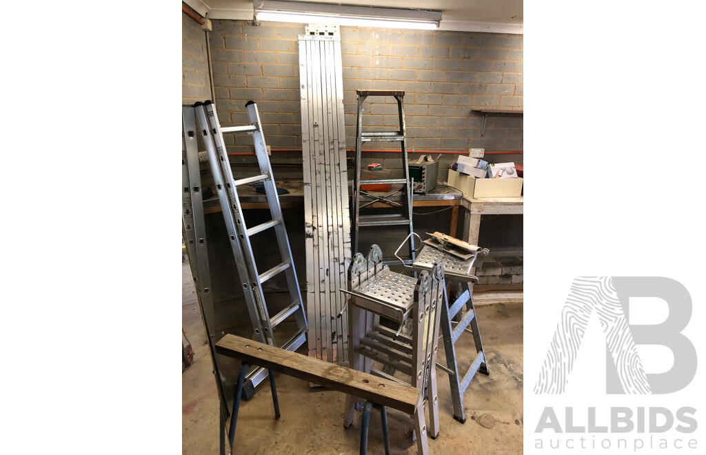 Collection of Various Size Ladders, Work Platforms and a Saw Horse