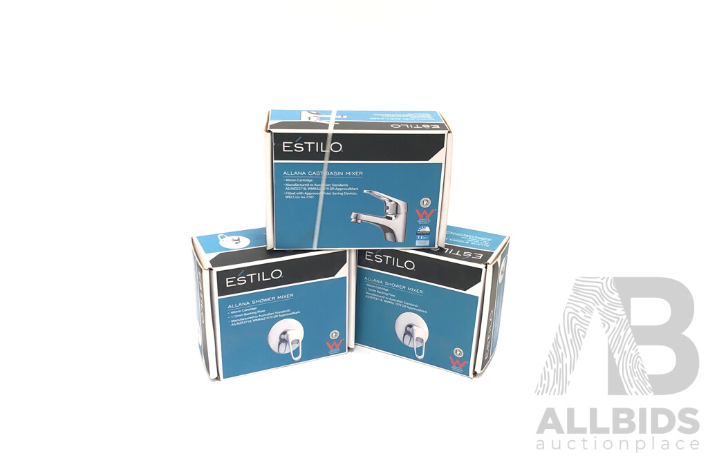 2x Estilo Allana Shower Mixers and 1x Estilo Allana Cast Basin Mixer
