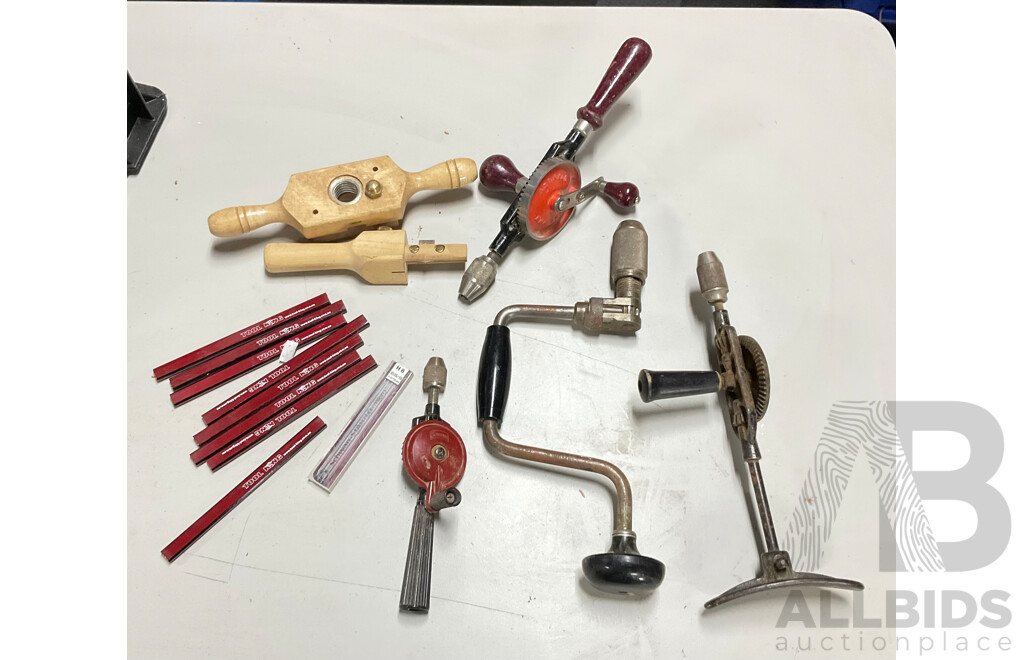 Collection of Wood Working Hand and Crank Drills, Scribe, Thread Box and Pencils Including Stanley