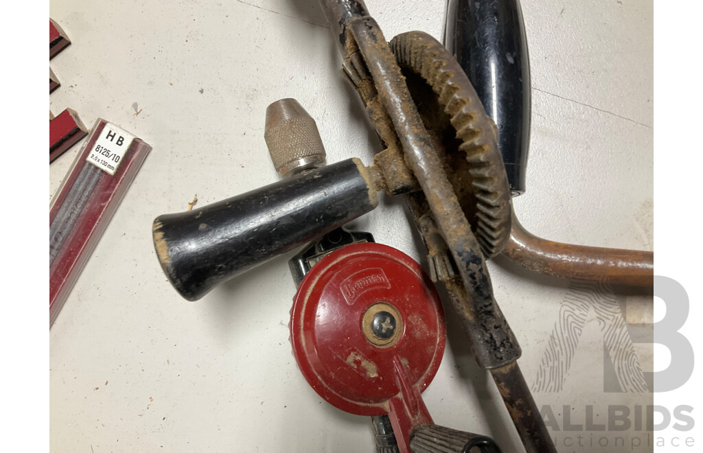 Collection of Wood Working Hand and Crank Drills, Scribe, Thread Box and Pencils Including Stanley